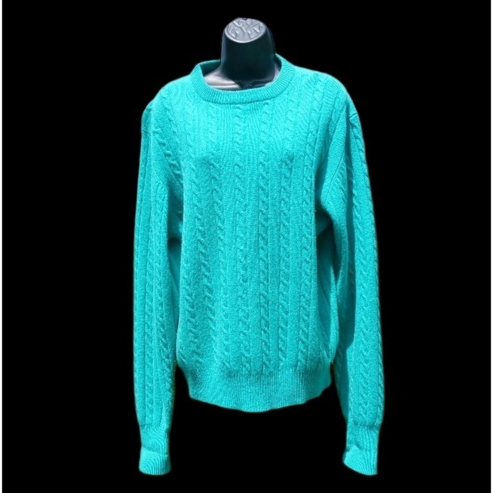 Vintage 80s Lord & Taylor Cable Knit Sweater Womens Large Teal Crewneck Pullover